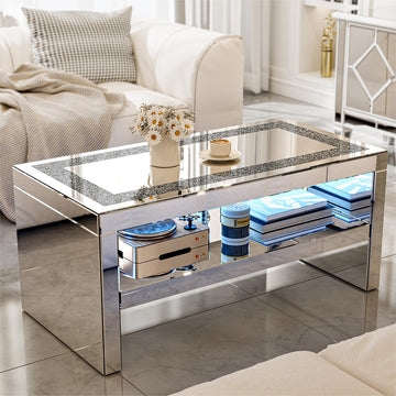 Mirrored Coffee Table with Mirror Crystal Board, Glass Rectangle End Table Coffee Tea Table with 2 Tier Bedroom