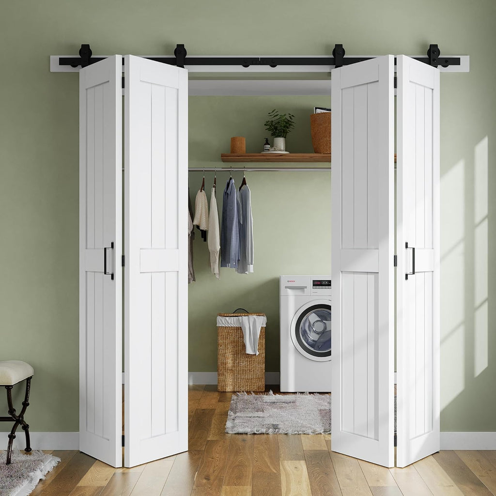 Bifold Barn Door 48'' x 84'',Bi-Fold Sliding Closet Doors with Hardware Kit Included,56'' Track Kit 