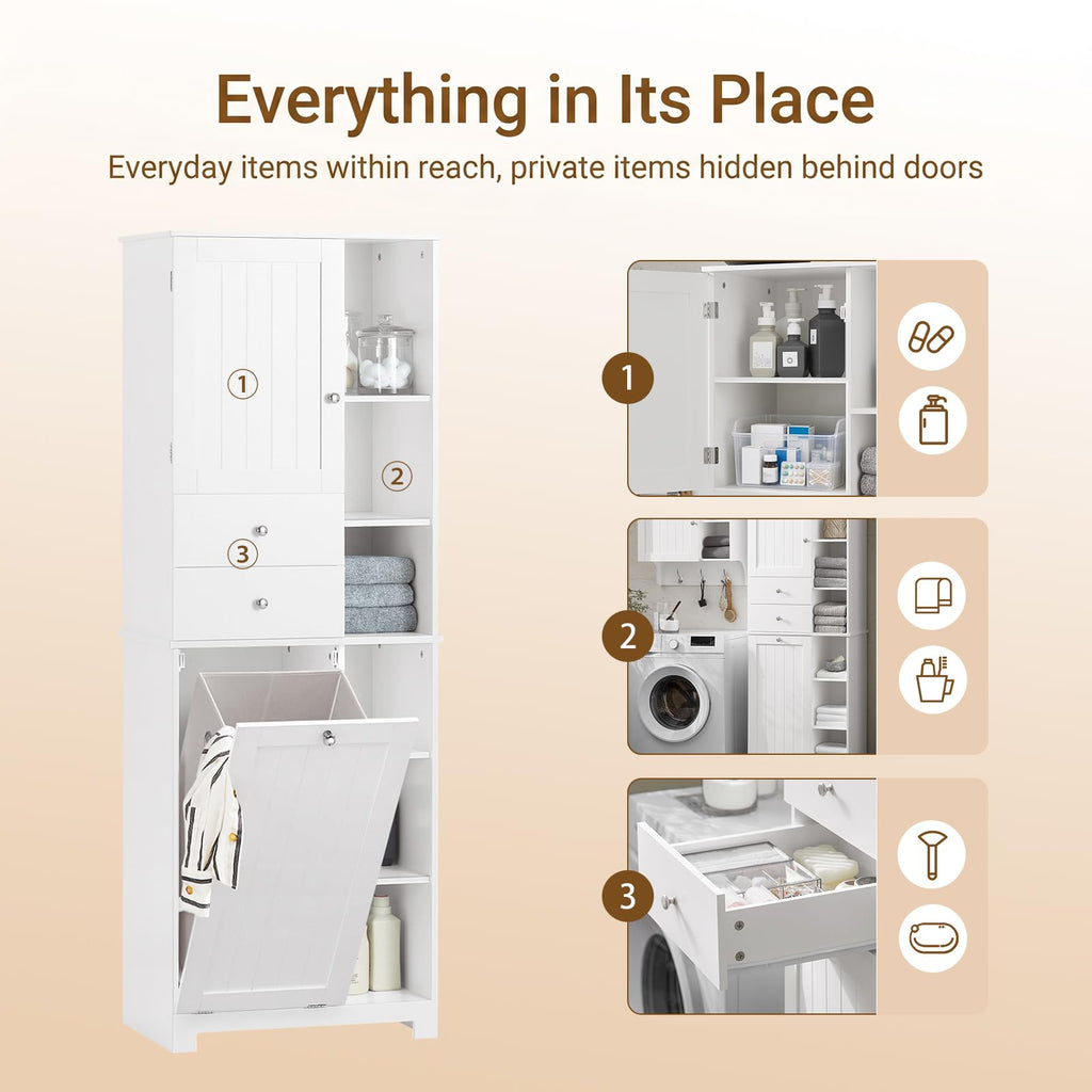 Tilt Out Laundry Hamper Cabinet, Tall, 23.6 x 14.6 x 67.3 in, White