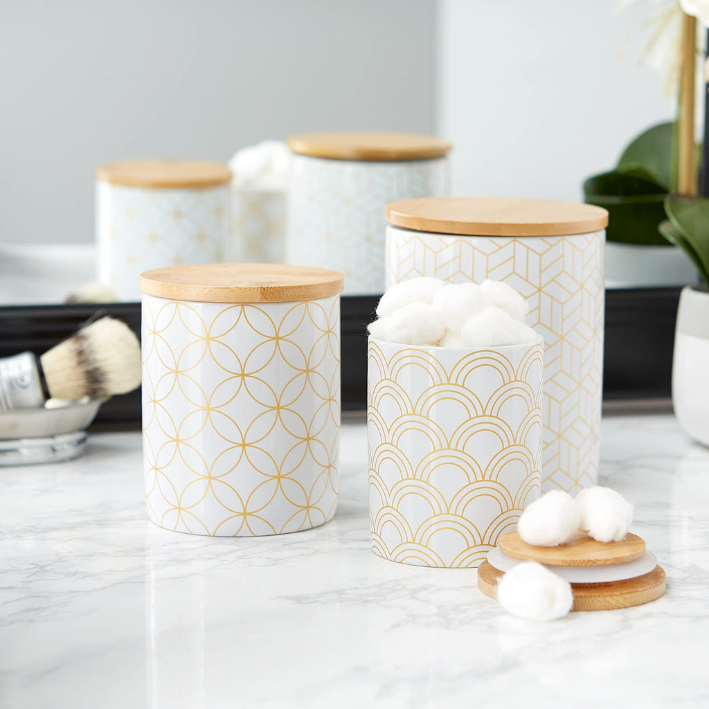 Kitchen Ceramics Collection, Canister Set, Mixed Print, White/Gold, 3 Piece