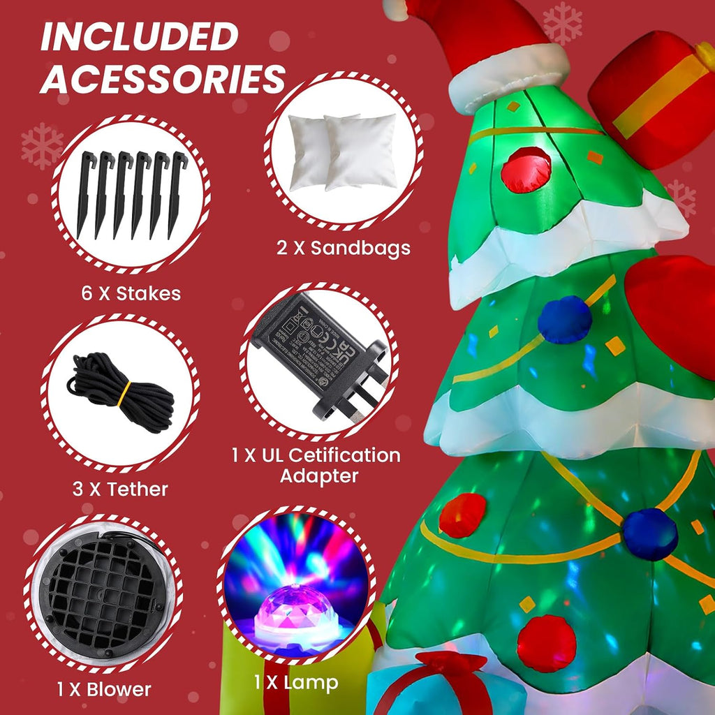7FT Inflatable Christmas Tree Decorations Outdoor with Built-in LEDs Lights, Blow Up Santa Claus Tree with 4 Gift