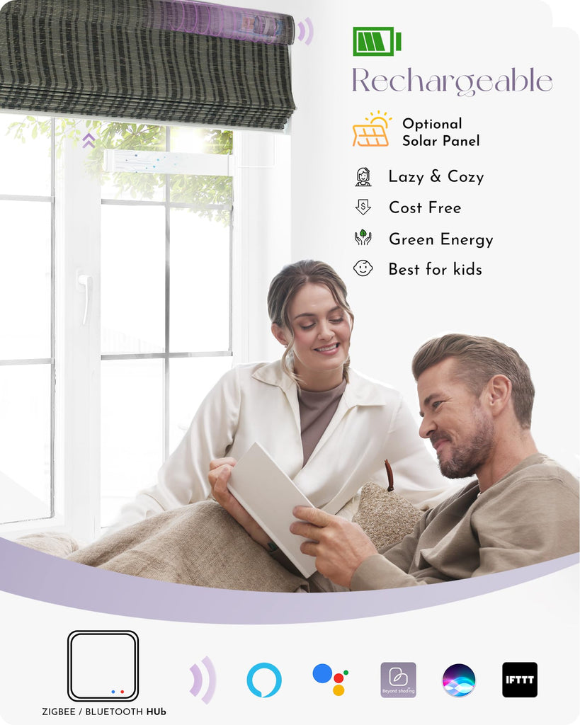 Smart Natural Roman Shades Compatible with Alexa Google Rechargeable Light Filtering Motorized Blinds with Remote