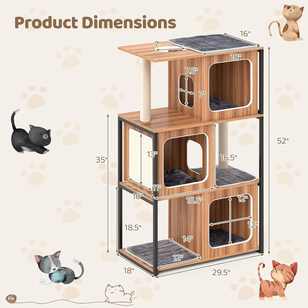 Modern Cat Tree, 52 Inch Wooden Cat Condos with Metal Frame, Sisal Scratching Posts & Board, Washable Cushions