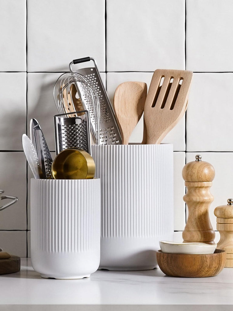 Ceramic Kitchen Utensil Holder for Counter, 7.3/5.4", White