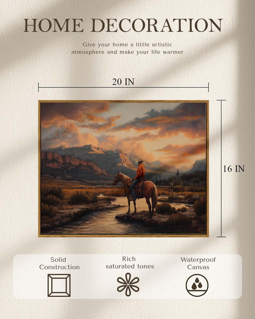 Western Cowboy Framed Canvas Wall Art 16x20 Inch, Horse Rider at Sunset Print Rustic Mountain Landscape Painting