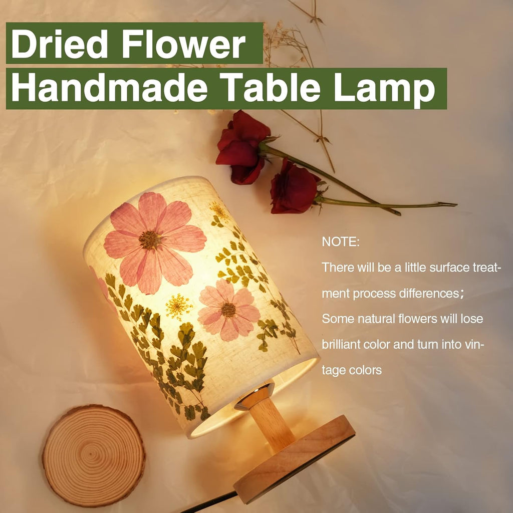 Dried Flowers Small Table Lamp 9W LED Dimmable Warm Light Pressed Flower Bedside Lamp Linen Shade with Wood Base
