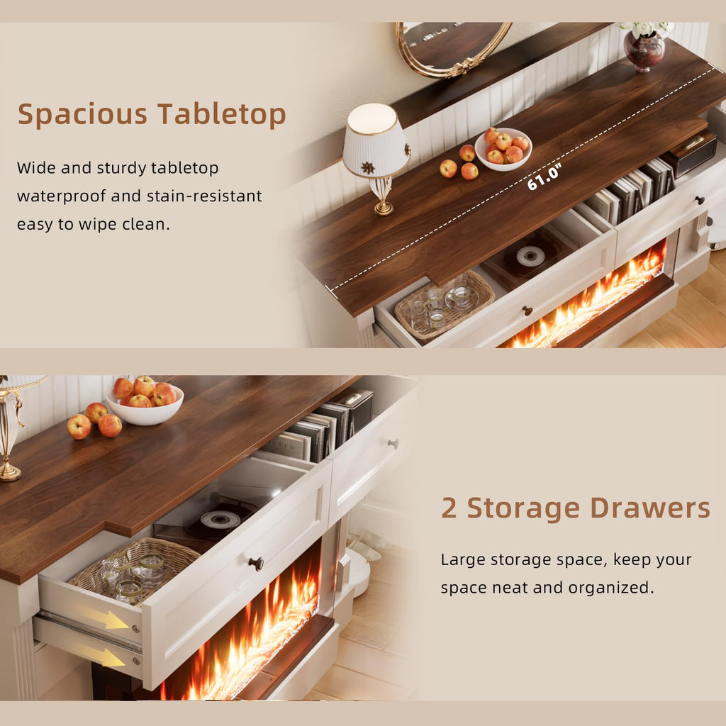 61" Electric Fireplace with Mantel, Fireplace TV Stand, White