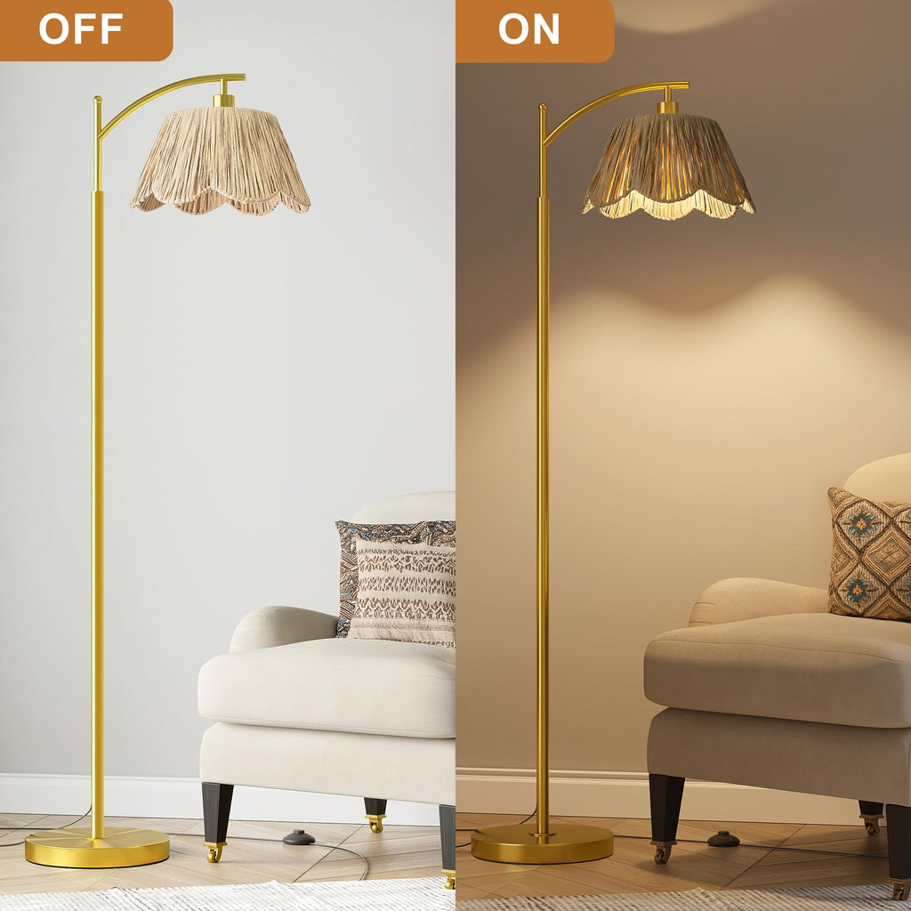 Arc Floor Lamp,Rattan Boho Floor Lamp Decor with Hand-Woven Shade, Foot Switch,Gold Metal Base & Pole,Farmhouse