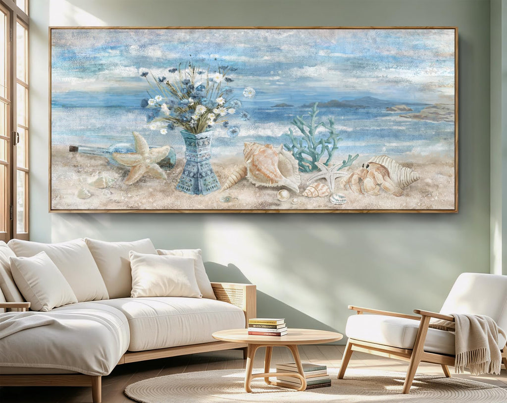 Oversized Blue Ocean Framed Wall Art Boho Canvas Print 86x39inch