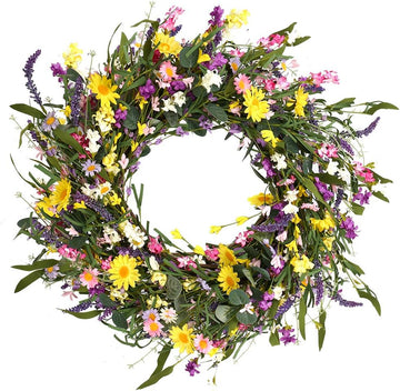 Spring Wreath 24 Inch Summer Wreaths for Front Door Artificial Flower Wreath with Daisy and Lavender Outdoor