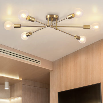 Semi Flush Mount Ceiling Light, 6-Light Brass Modern Sputnik Chandeliers with E26 Base, Mid Century Industrial