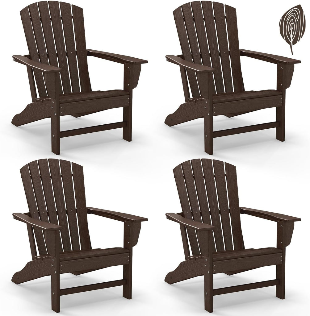 Oversized Adirondack Chairs Set of 4, HDPE, Dark Brown | Wood Grain | 21.6" Extra-Wide Seat | 400 lb Capacity |