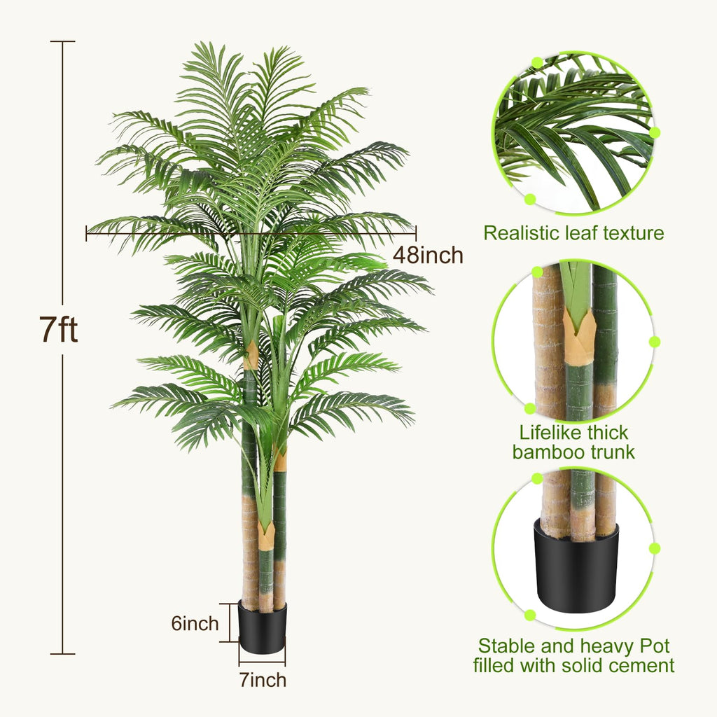 7ft Tall Triple Golden Cane Palm Artificial Tree Large Tropical Palm Tree UV Resistant Fake Plant in Pot for Indoor