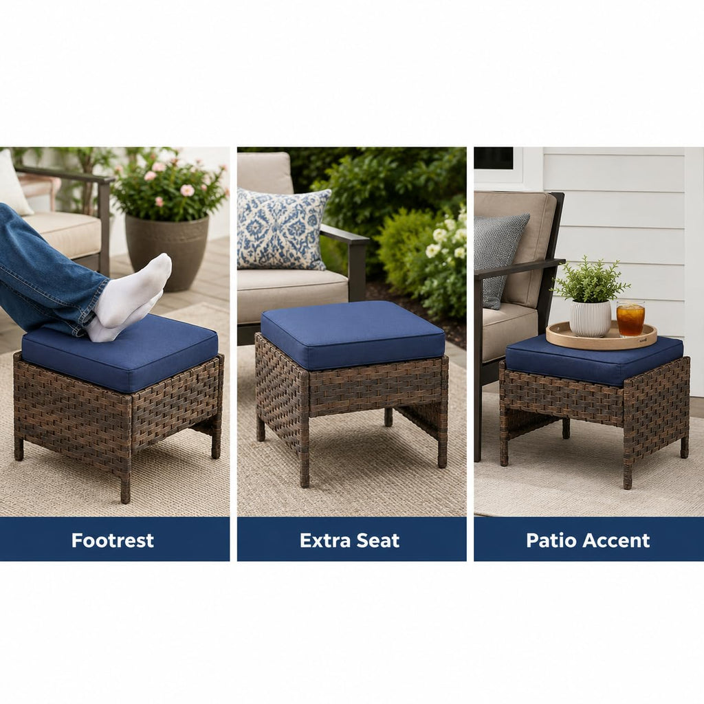 2-Piece Outdoor Wicker Ottomans with Cushions, Blue
