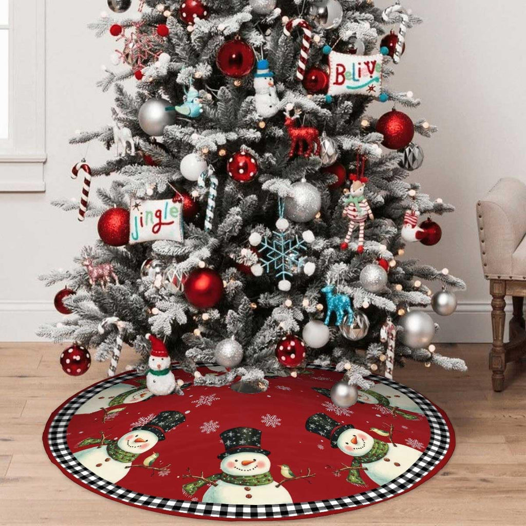 Red Snowman Christmas Tree Skirt 48 inch Buffalo Plaid Tree Decorations