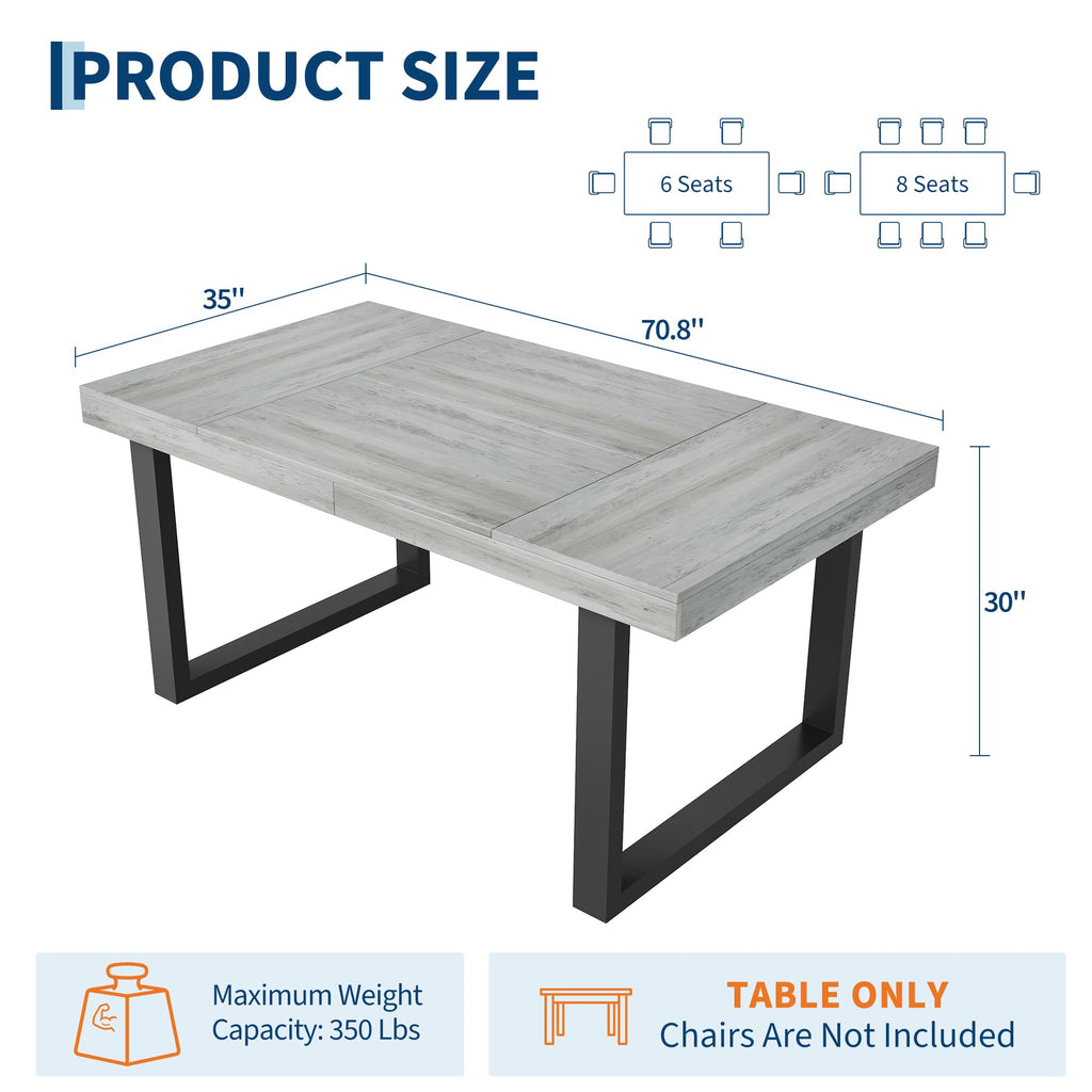 Farmhouse Dining Table 71", Rustic Kitchen Table for 6-8, Grey