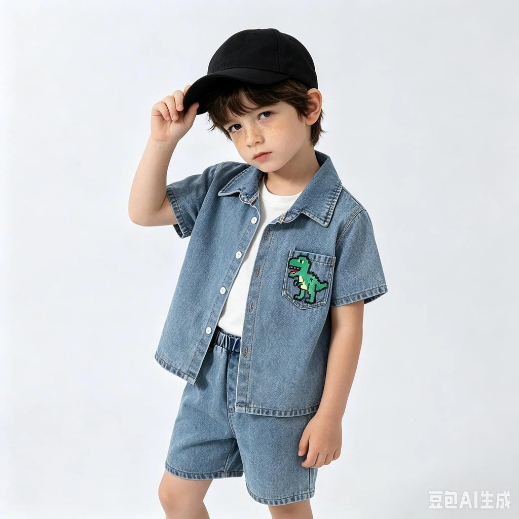 Klyatpxen 2Pcs Toddler Boys Denim Outfit Short Sleeve Button Up Jean Jacket Denim Shorts Summer Spring Clothing Set