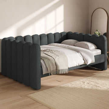 Queen Size Upholstered Daybed with Backrest and Armrests, Gray | Day Bed with Slat, Lambswool Fabric, Easy Assembly