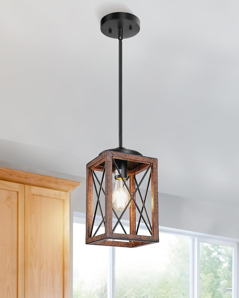 Farmhouse Pendant Light, Metal Hanging Light Fixture with Wooden Grain Finish, 48 Inch Adjustable Pipes for Flat and