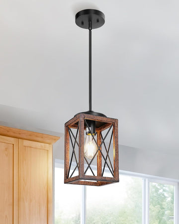 Farmhouse Pendant Light, Metal Hanging Light Fixture with Wooden Grain Finish, 48 Inch Adjustable Pipes for Flat and