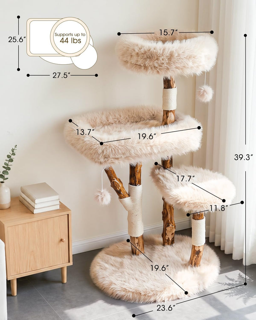 Solid Wood Cat Tree, Boho Modern Cat Tree Tower with Real Branch