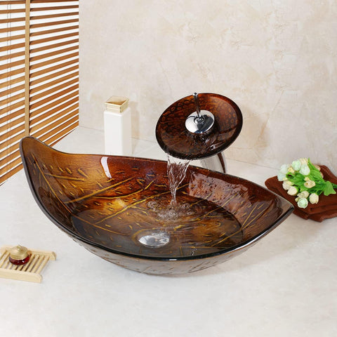 Bathroom Vessel Sink Combo Tempered Glass Leaf Shape Bowl Chrome Waterfall Faucet Pop Up Drain Set