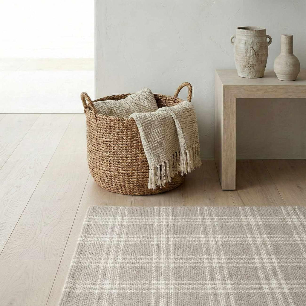 Dhyana Wool Living Room, Bedroom Area Rug - Plaid Checkered Geometric Striped - Contemporary Modern Minimalist