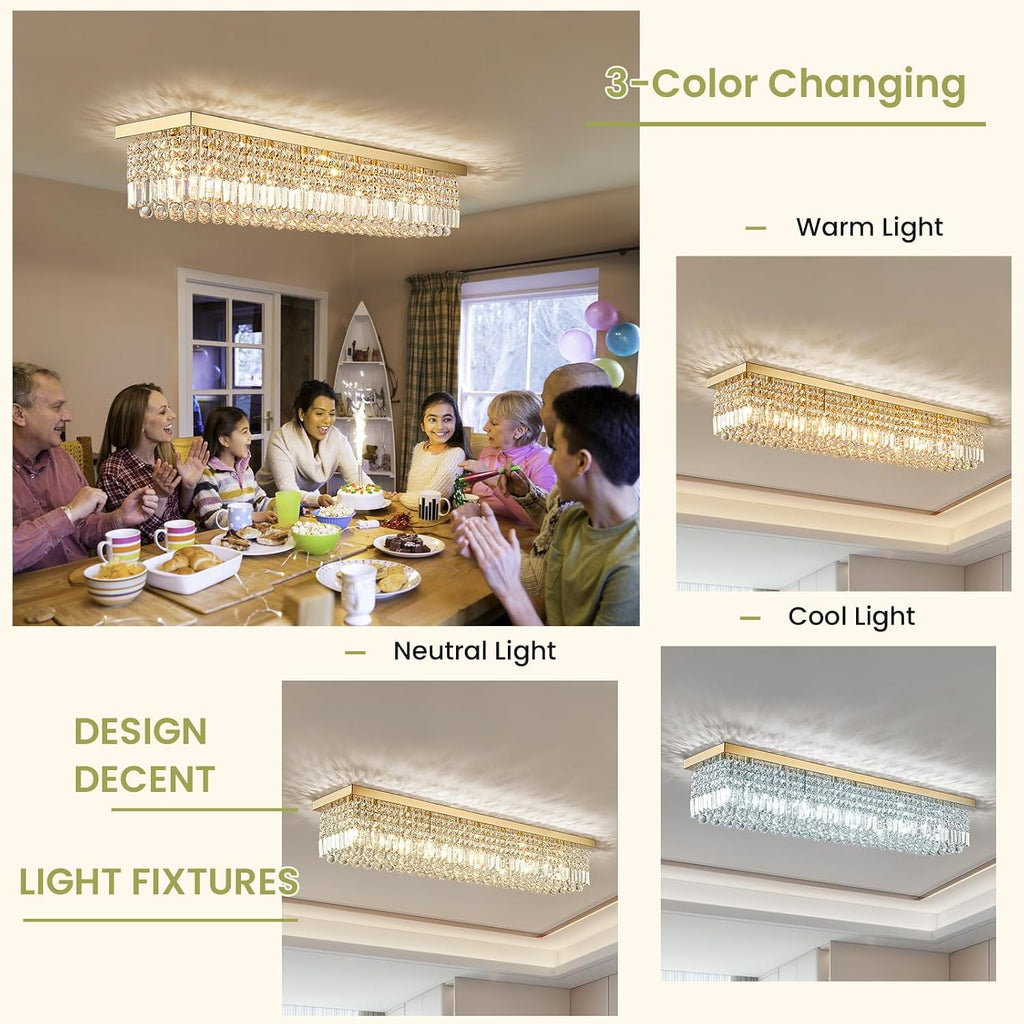 10-Light Modern Crystal Chandelier, Luxury Gold Rectangular Flush Mount Ceiling Light, Large Rectangle Raindrop