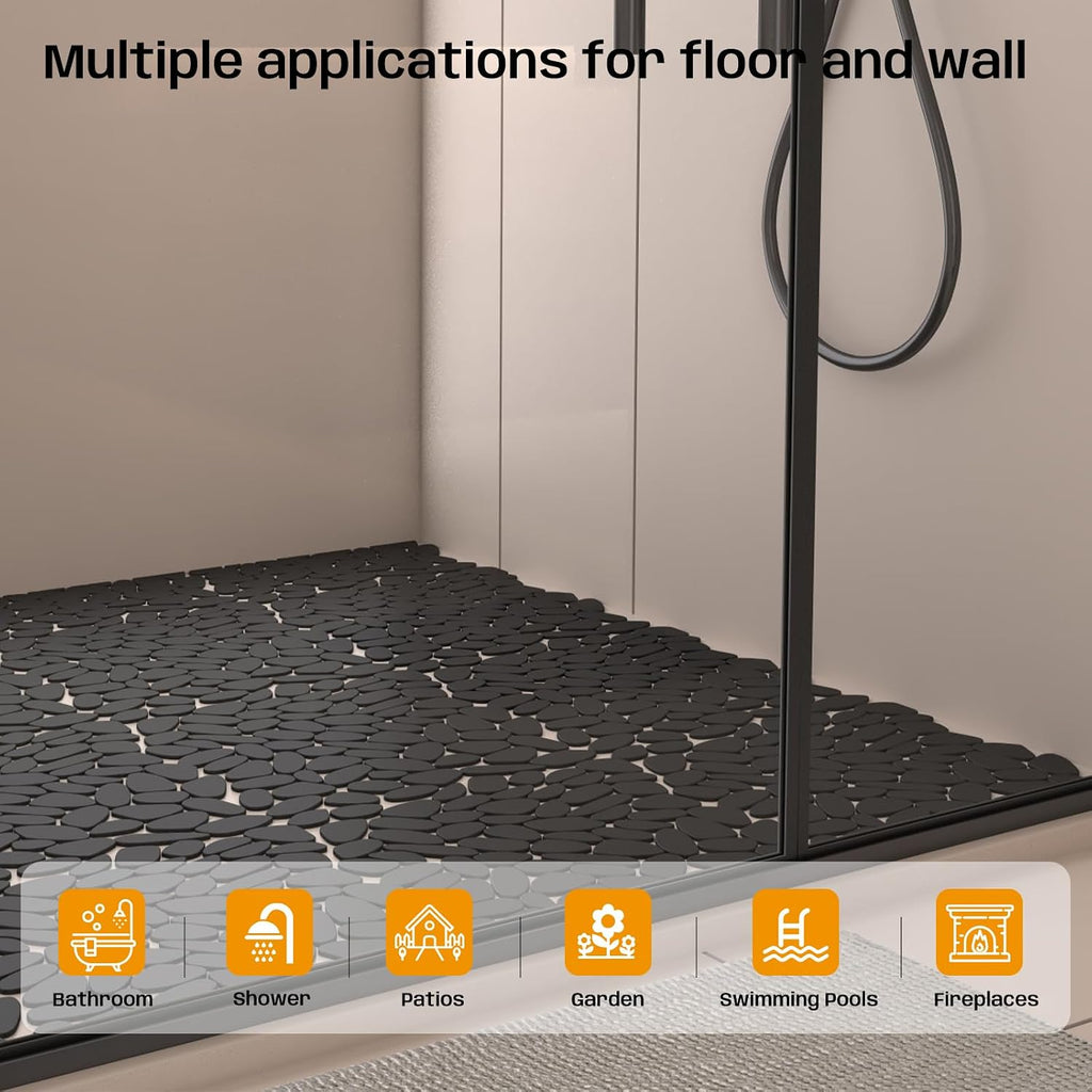Pebble Tile for Shower Floor, Black Long Oval Pebble Mosaic Backsplash Bathroom Wall and Floor Tile and Outdoor