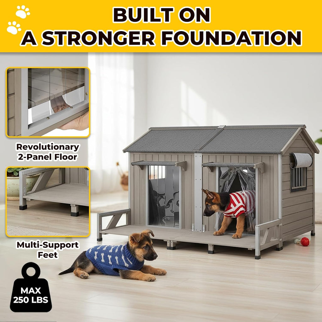 Extra Large Outdoor Dog House with Balcony, Weatherproof Kennel for 2 Dogs