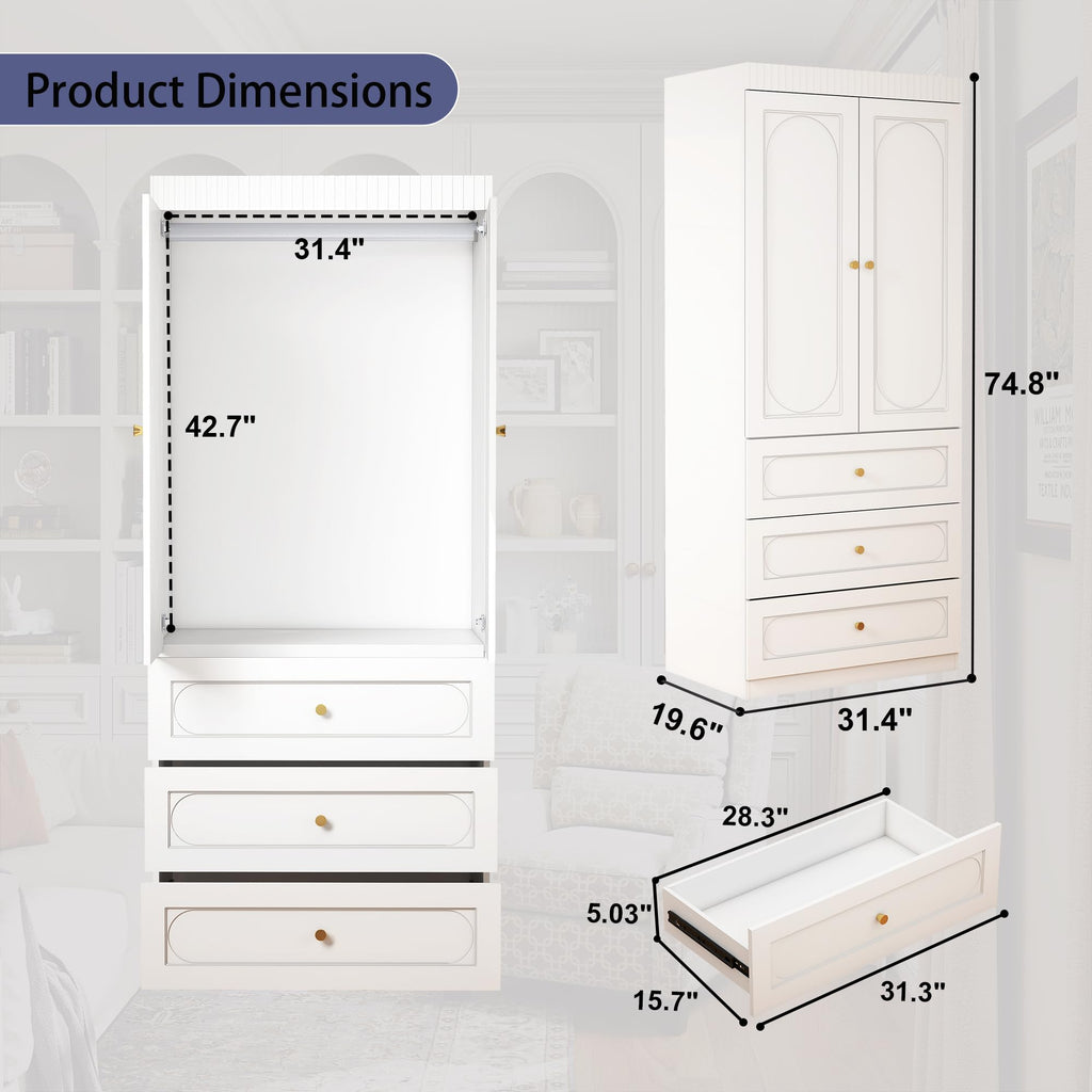White Wardrobe Closet with 3 Drawers and 2 Doors, 75" H x 32" W