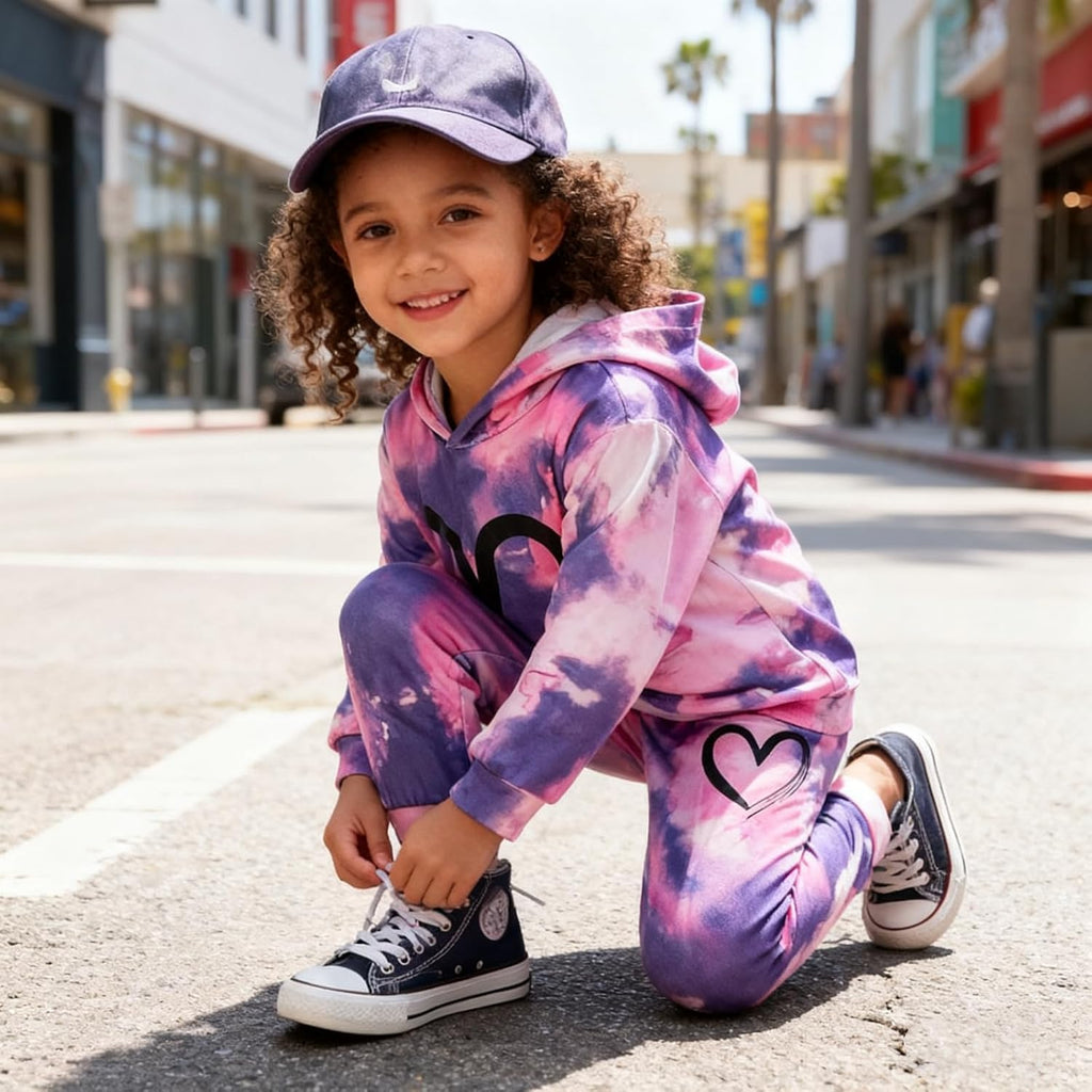 Toddler Baby Girls Clothes Long-sleeve Tie Dye Hoodie Pullover and Sweatpants Heart Print Hooded Outfits Set