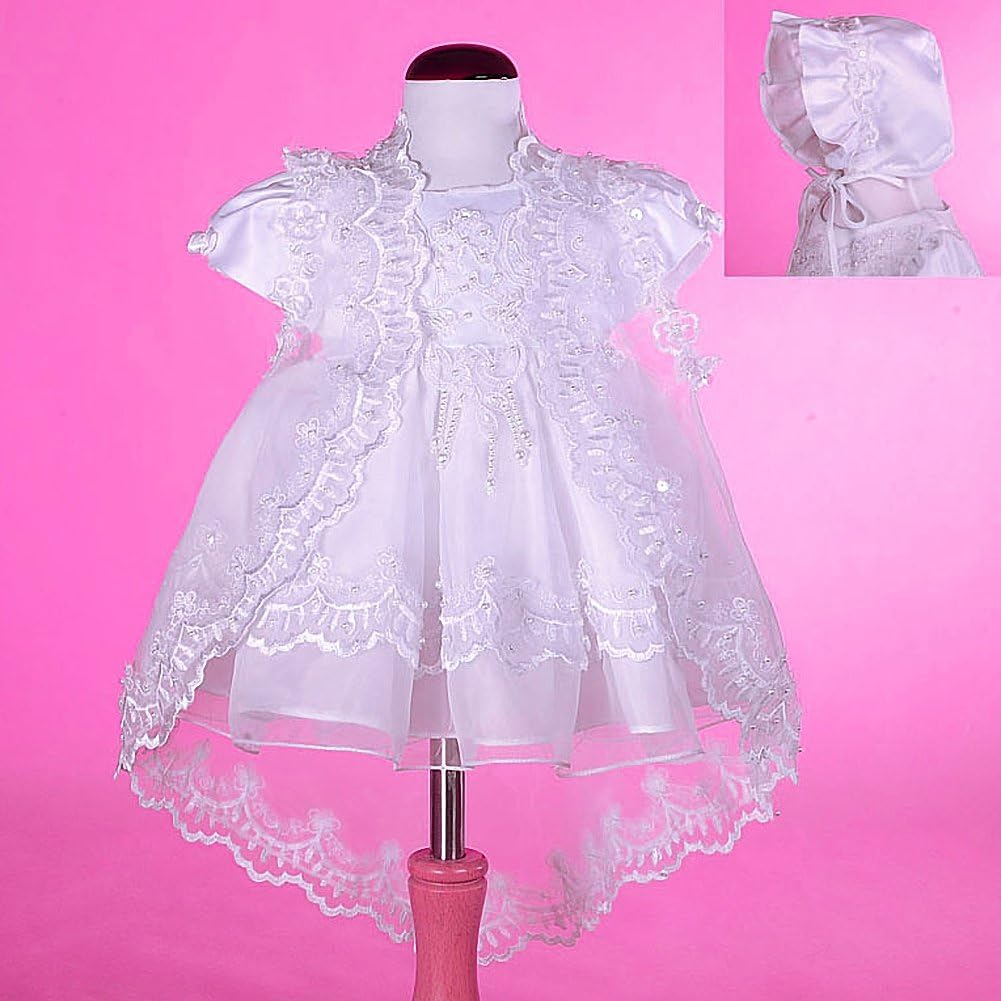 Baby Girls' Beaded Scalloped Embroideries Baptism Christening Gown White Dress with Lace Cape and Bonnet