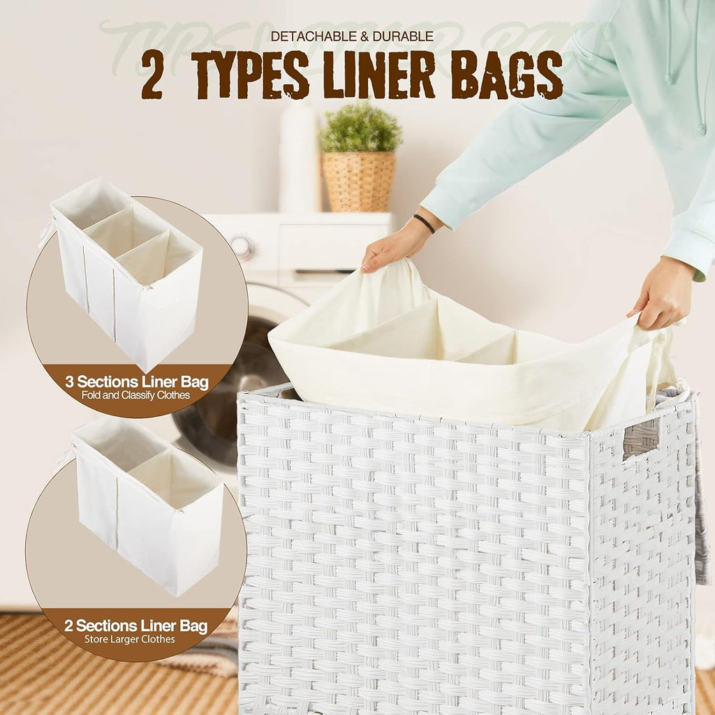 Laundry Hamper with Lid, 125L Large Clothes Hamper with 3 Section & 2 Section Removable Liner Bags & 5 Mesh Laundry