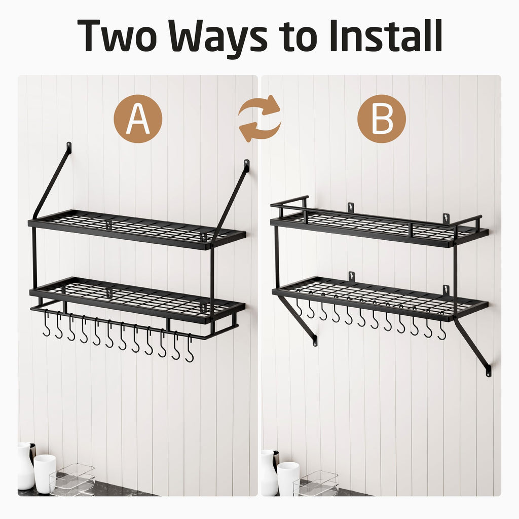 Kitchen Pot Rack - Mounted Hanging Rack Storage and Organization - Matte Black 2-Tier Wall Shelf with Guard