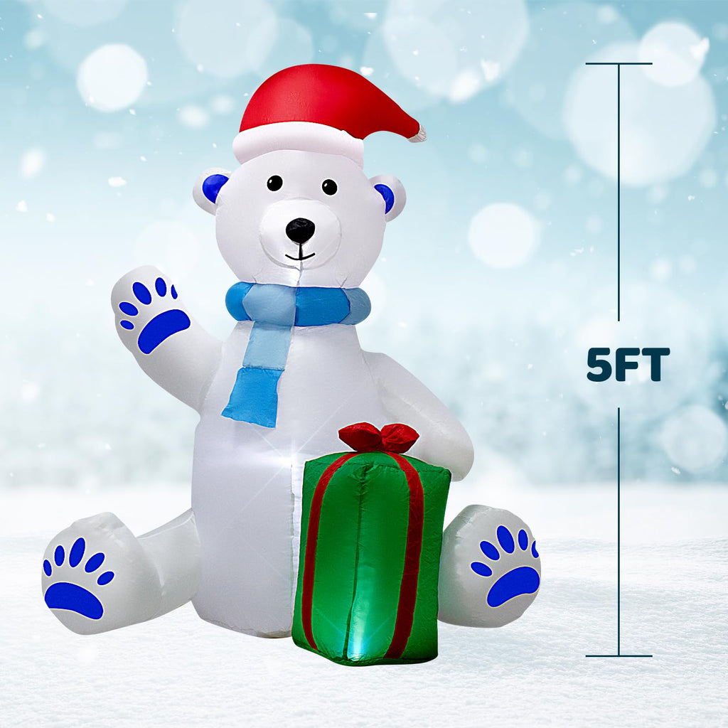 5FT Christmas Inflatable White Bear Hold Gift Decoration