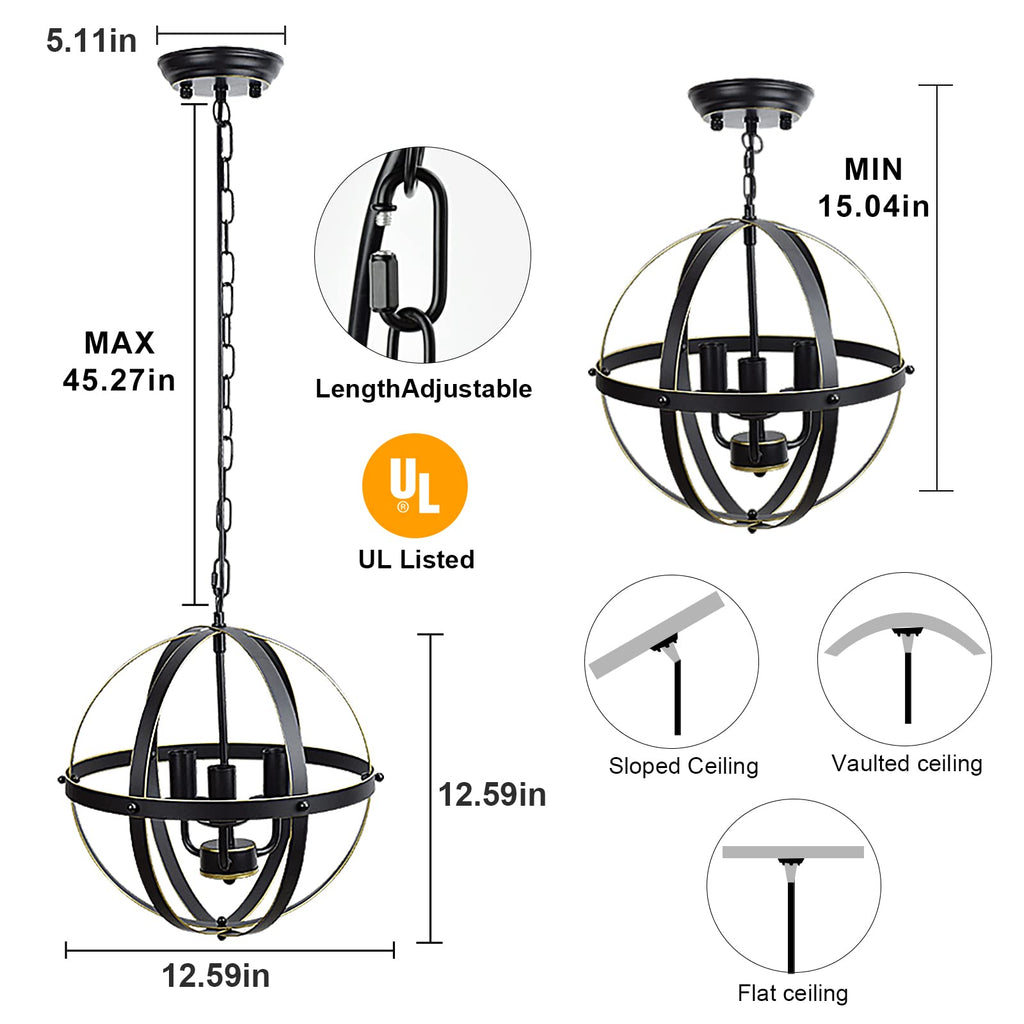 Chandelier Farmhouse Hanging Lighting, 3 Lights Globe Ceiling Light Fixture, Metal Swag Pendant Lighting, E12 Base