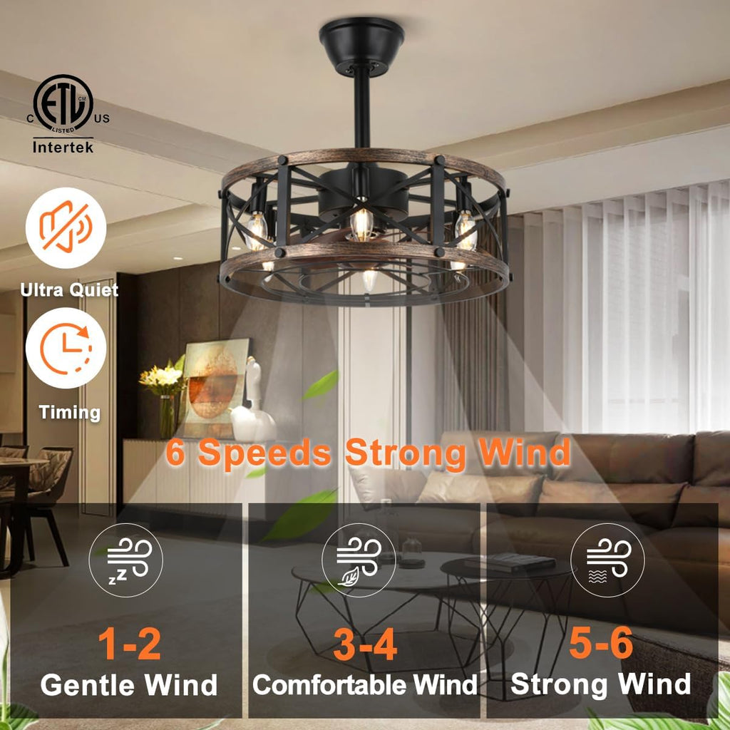 19" Farmhouse Fandelier Ceiling Fan with Light, Caged Bladeless Ceiling Fans with Lights and Remote, Modern Small Enclosed Ceiling Fans with Lights for Living Room, Bedroom, Black A101-B0CD3WXJ43