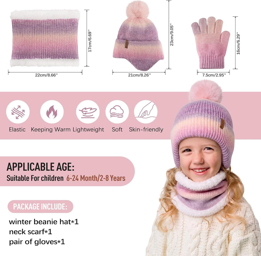 Toddler Girls Winter Hat Gloves Scarf Set Warm Fleece Lined Knit