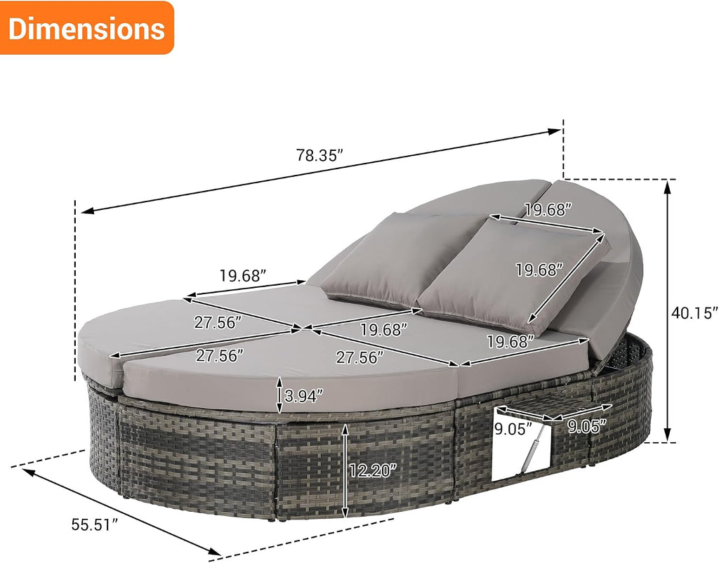 Outdoor Patio Round Daybed, Sun Bed with Adjustable Backrests and Foldable Cup Trays, Reclining Outdoor Lounger