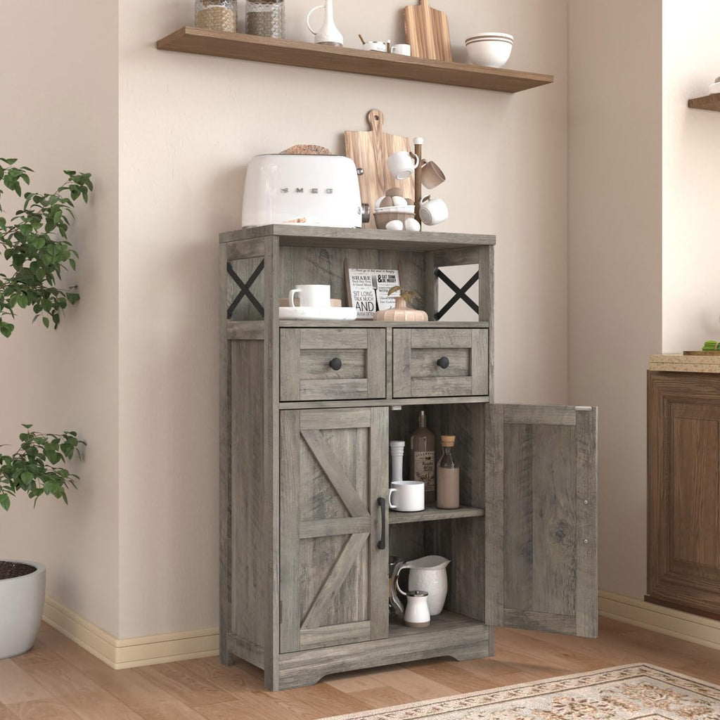 Farmhouse Storage Cabinet with Drawers and Shelf, Freestanding Kitchen Pantry Hutch, Rustic Grey