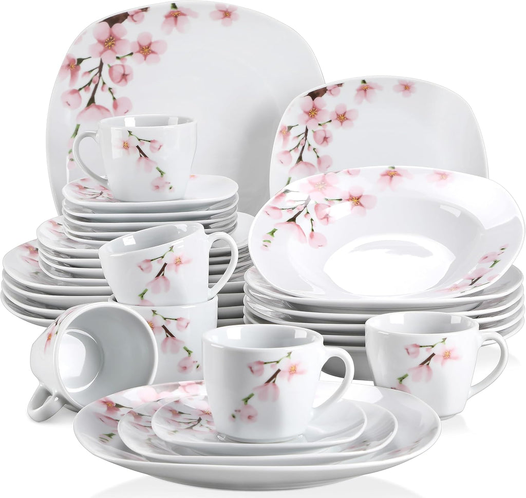 Annie Porcelain Dinnerware for 6, 30-Piece Pink Floral Dish Set With Plates and Bowls Including Dinner, Dessert, Soup