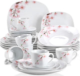 Annie Porcelain Dinnerware for 6, 30-Piece Pink Floral Dish Set With Plates and Bowls Including Dinner, Dessert, Soup