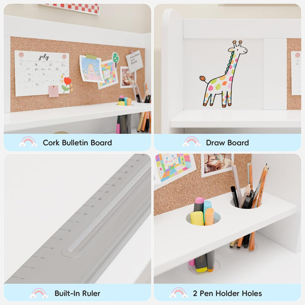 Kids Desk and Chair Set, Wooden Desk for Kids with Tiltable Desktop & Hutch, Kid Desk with Storage Cabinet, Study