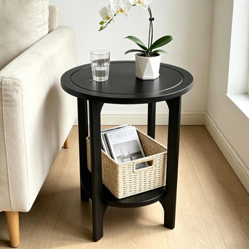 Black Solid Wood Round Side Table