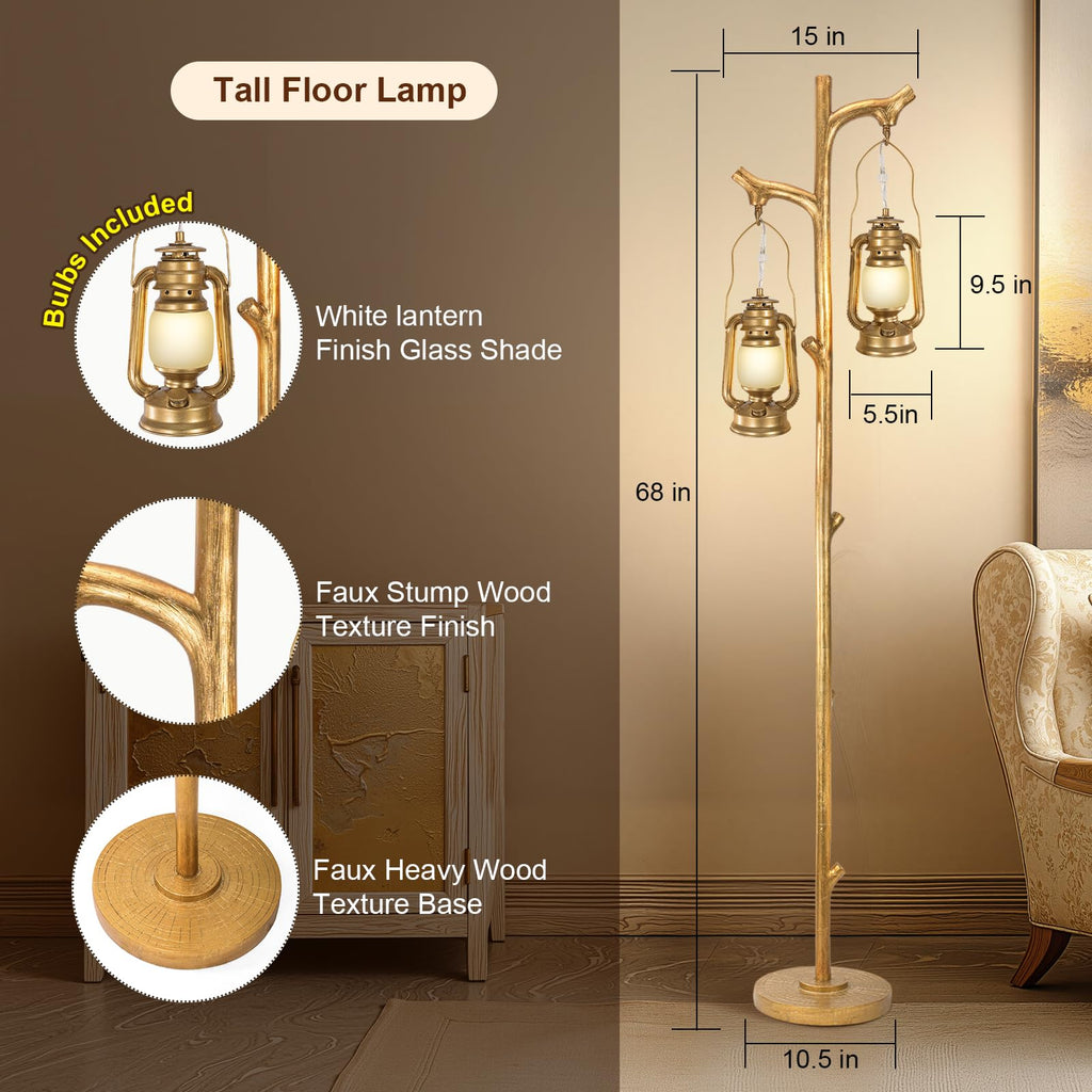 68" Tall Gold Floor Lamp with Lanterns, Dimmable Brightness