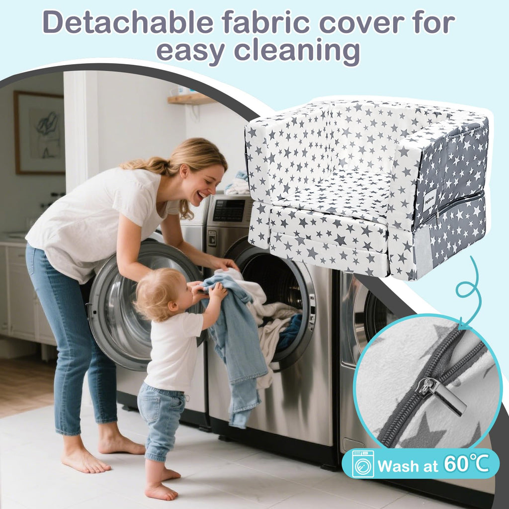 Toddler Travel Bed, Portable Toddler Bed & Chair 2-in-1 - Convertible Travel Crib with Storage Pockets