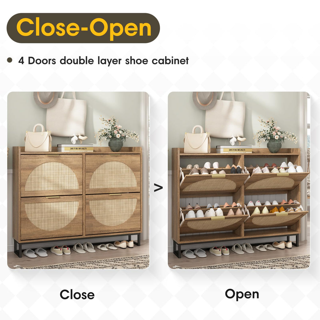 Large Rattan Shoe Storage Cabinet with 4 Flip Drawers, Freestanding Shoe Organizer with Metal Legs, Hidden Golden