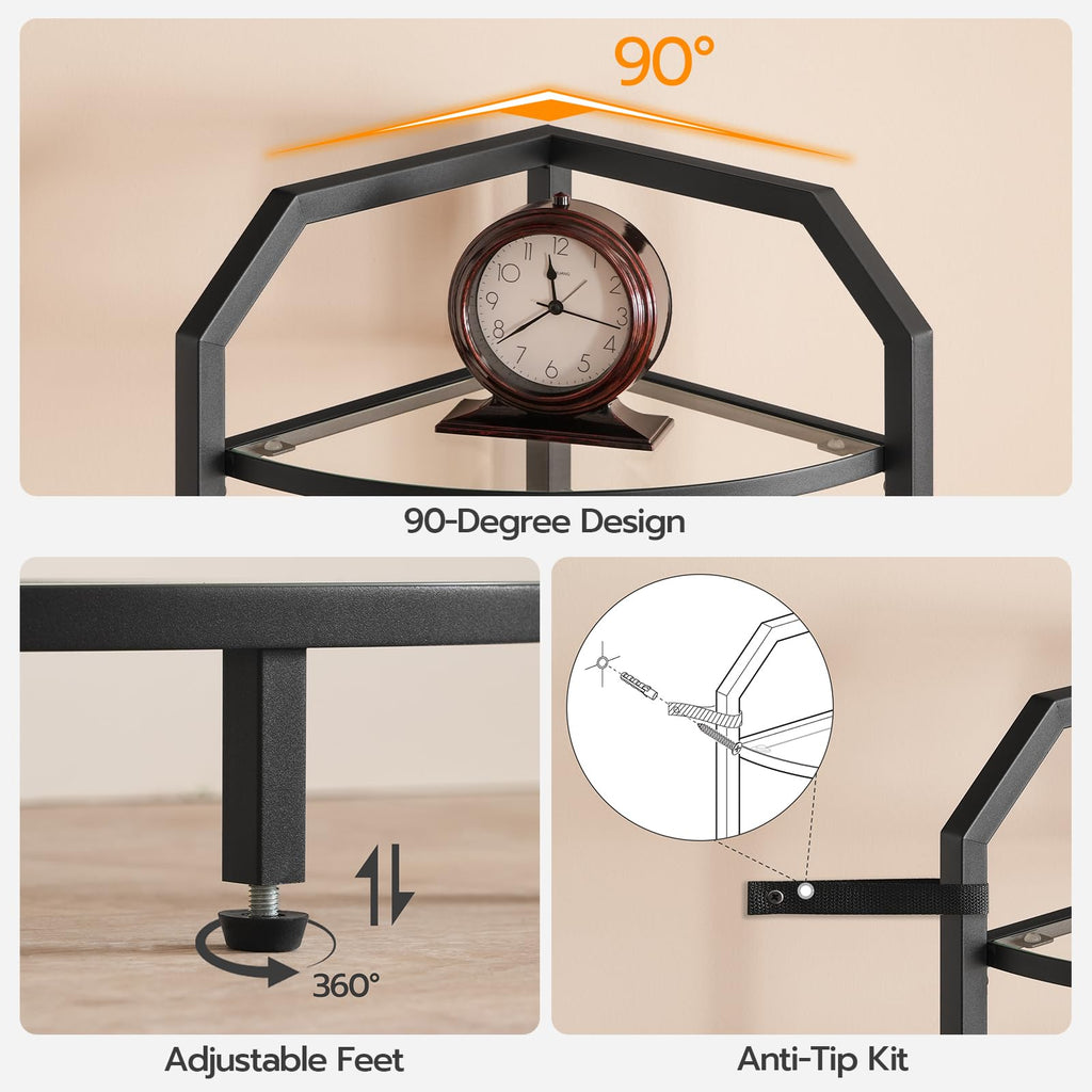 5-Tier Corner Shelf Stand, Gold Corner Bookshelf, Tempered Glass Shelves, Bathroom Organizer, Corner Plant Stand