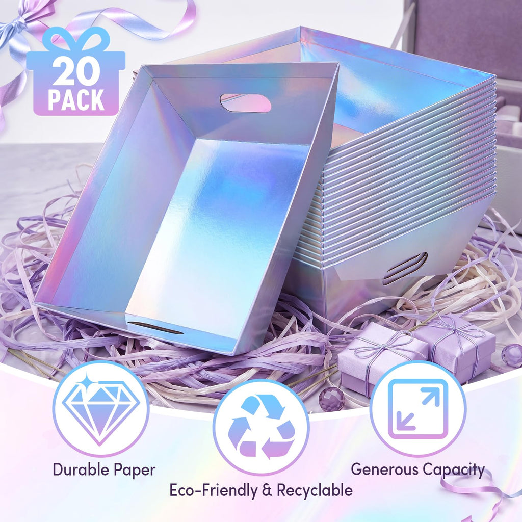 20 Pack Iridescent Gift Baskets Empty, 10x8 Thick Paper Basket with 20 Clear Bags and 20 Pull Bows, Holographic Gift